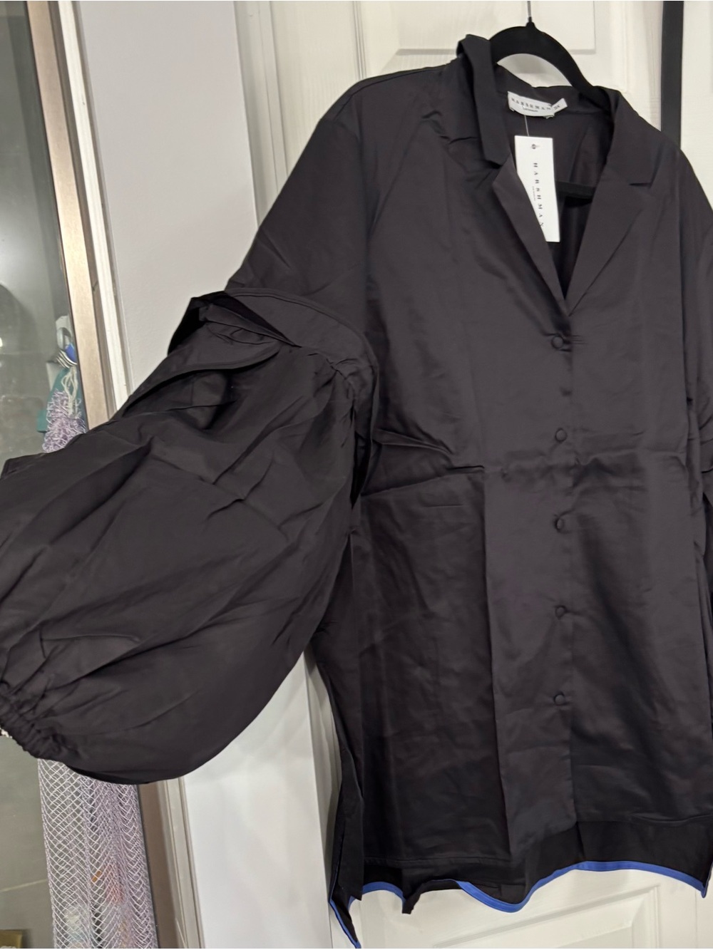 Oversized Black Button-Down Shirt with Statement Balloon Sleeves